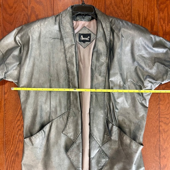 80s Vintage Avanti Leather Coat Blazer Open-Front Draped Metallic Grey Silver - Picture 2 of 11